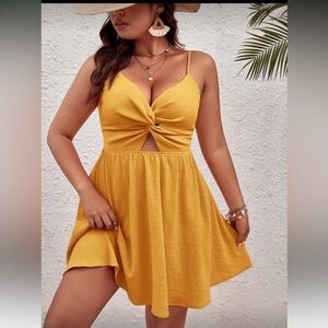 NWOT SHEIN Curve Mustard Twist-Front key hole Mini tie back Dress 0XL